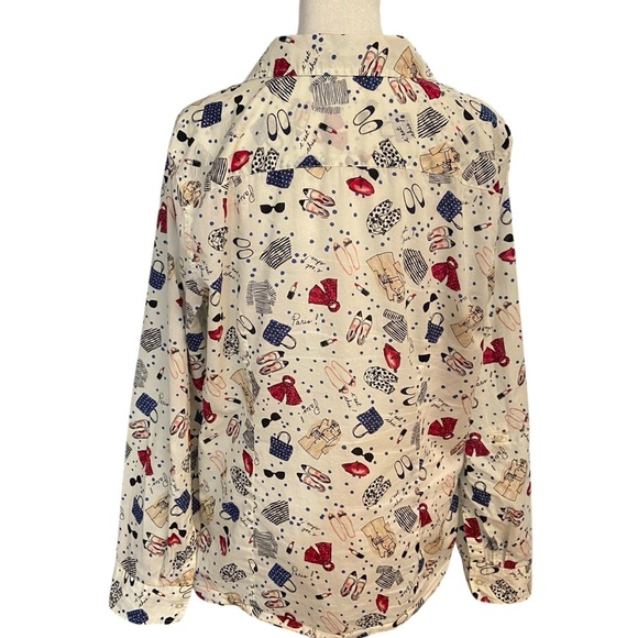 Talbots Paris Print Button Down Blouse Size M Long Sleeve C’est Chic 100%Cotton - Picture 3 of 13